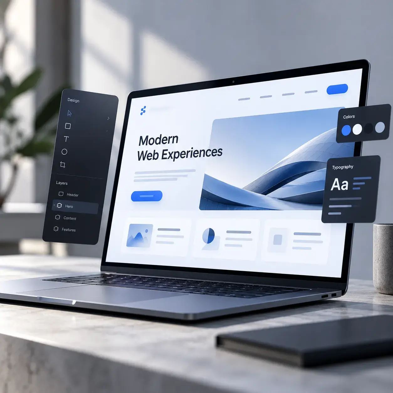 Laptop showing a modern website design with layers, colour and typography panels